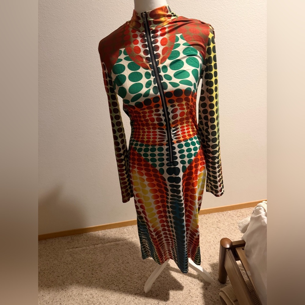 Multicolor Dot-Print Zip-Front Bodycon Dress